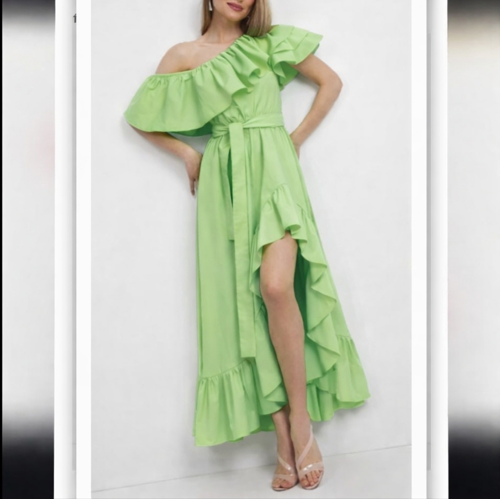 Andre Tan Designer Women's small high low elegant flowy feminine greendress nwot